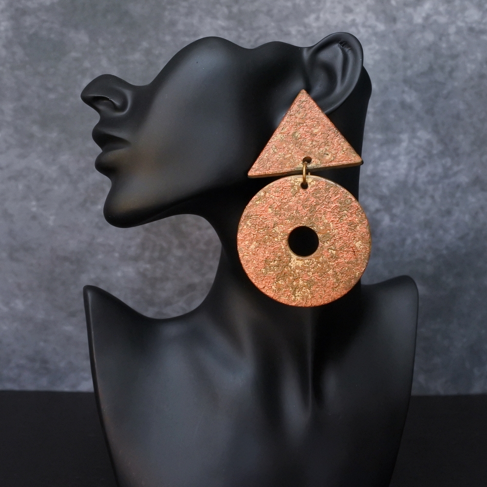 Vintage Artisan Oversized Gold Bronze Geometric Wooden Dangle Earrings